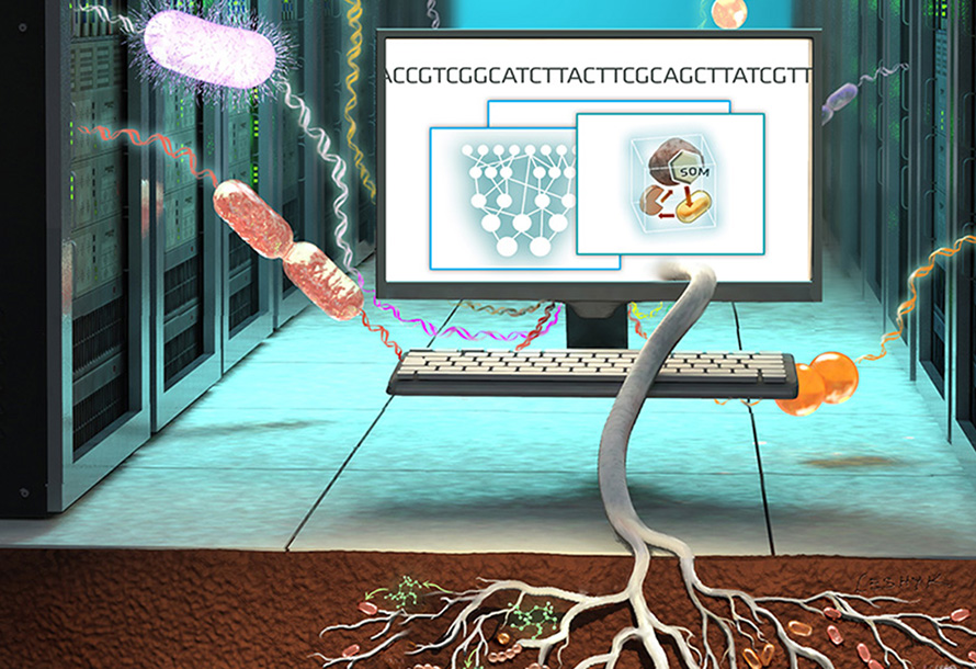 A computer screen floating in front of a supercomputing facility with a virus and bacteria coming out of the top. A large root system connects the computer with dirt floor full of soil organisms.