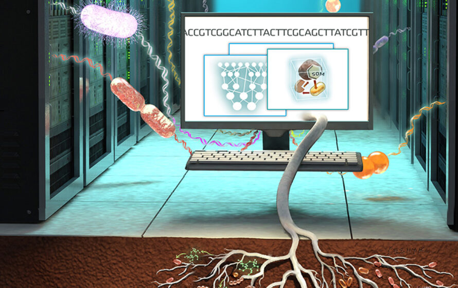 A computer screen floating in front of a supercomputing facility with a virus and bacteria coming out of the top. A large root system connects the computer with dirt floor full of soil organisms.